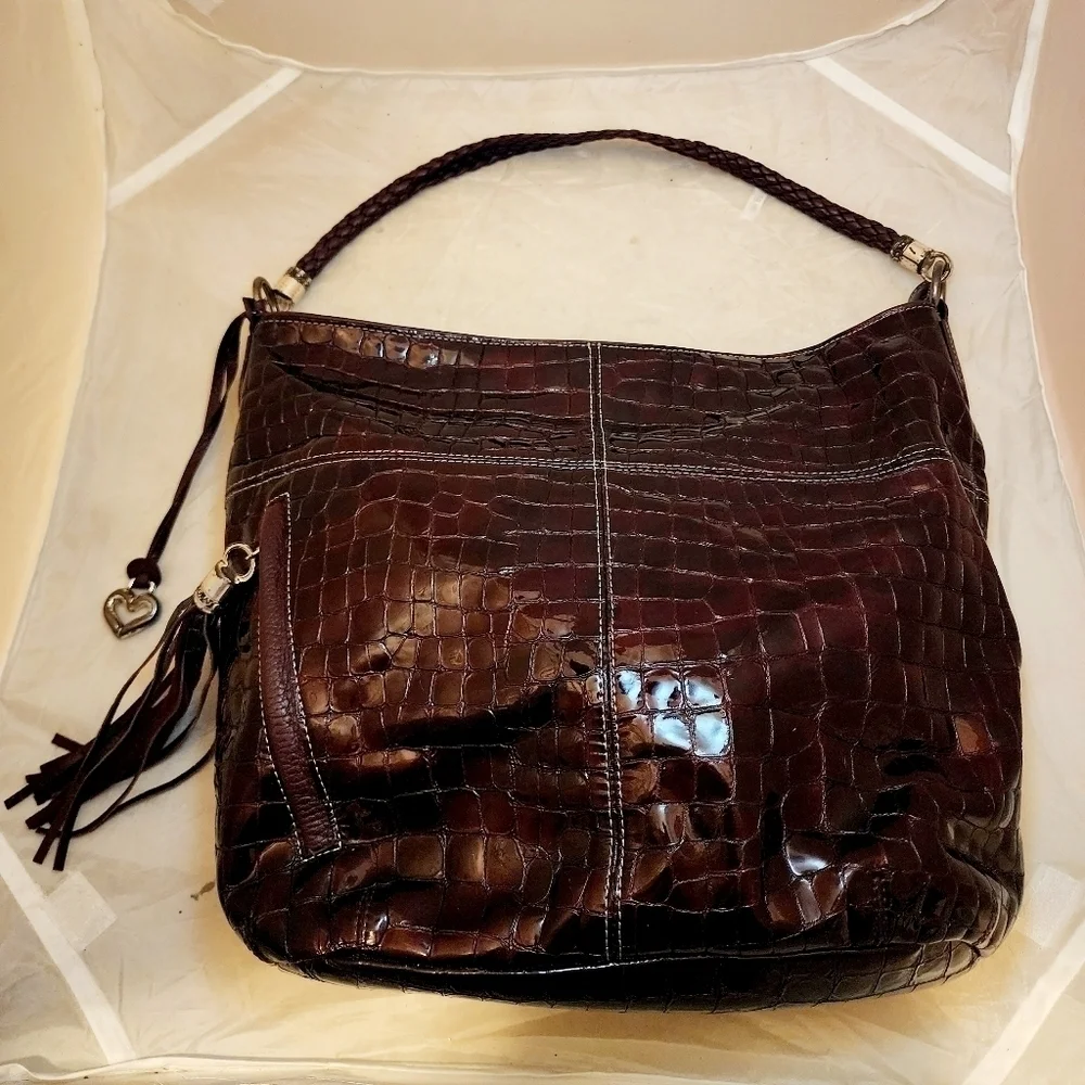 Brighton Purple Croc Embossed Leather Tote Shoulder Bag Purse Tassel Silvertone